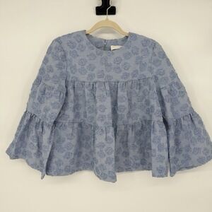 CO Sz M Top Blue Tiered‎ Seersucker Floral Textured Coastal Bell Sleeve Blouse